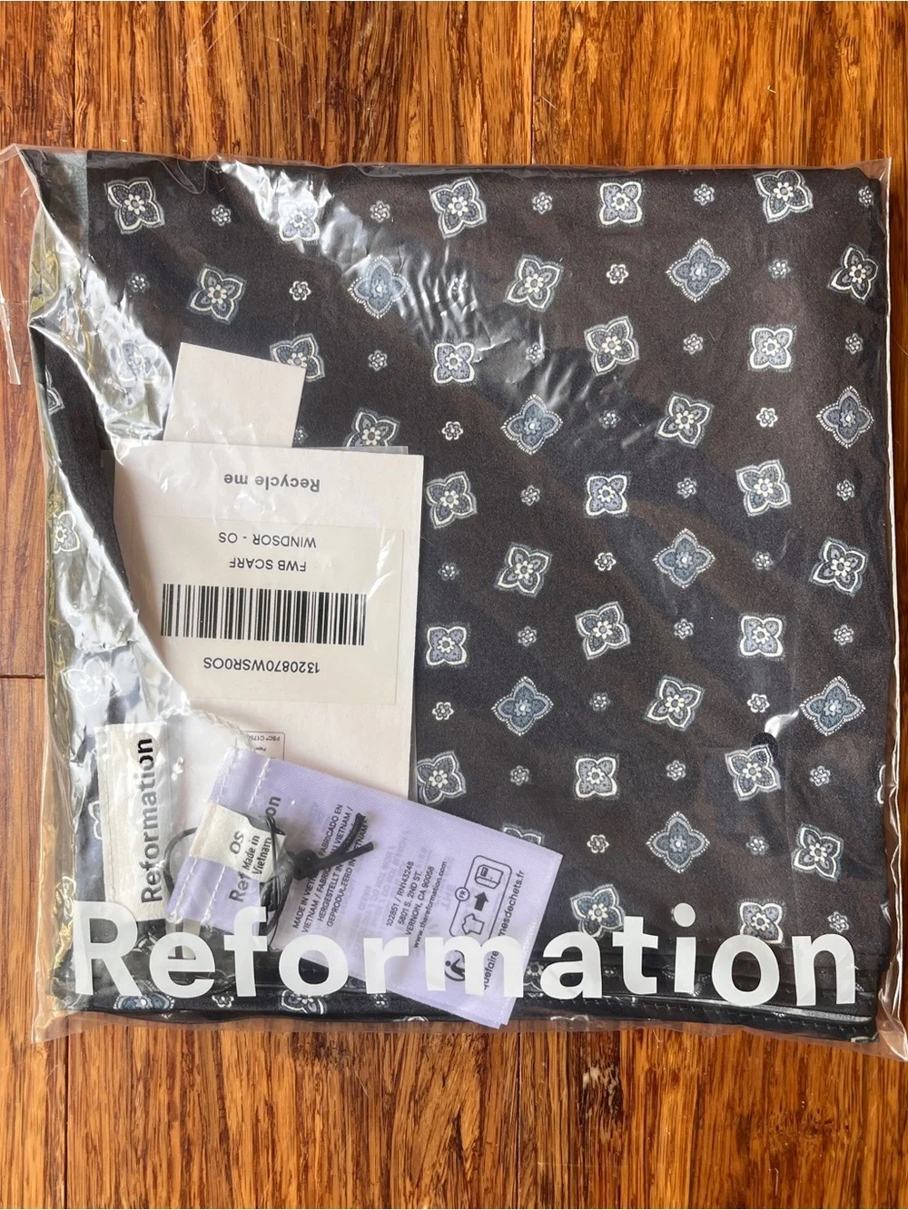 Reformation Silk Scarf in Windsor - Navy with Pale Blue Geometric Motif